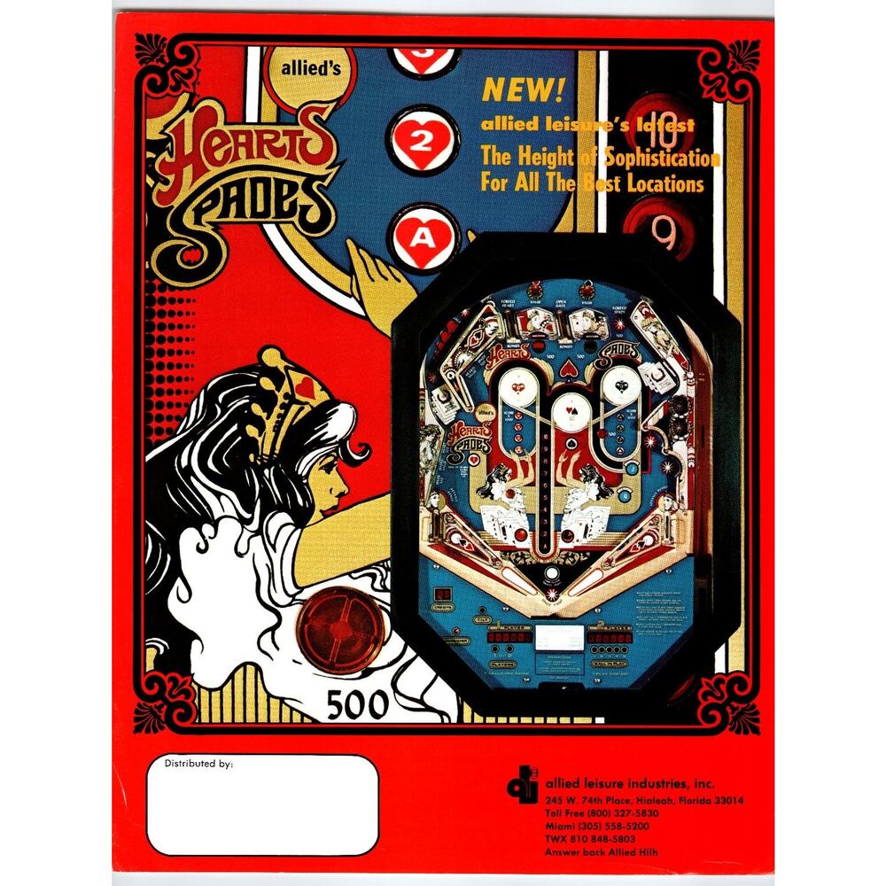 1970s Allied Leisure Hearts & Spades Pinball Machine Flyer Vintage Ephemera